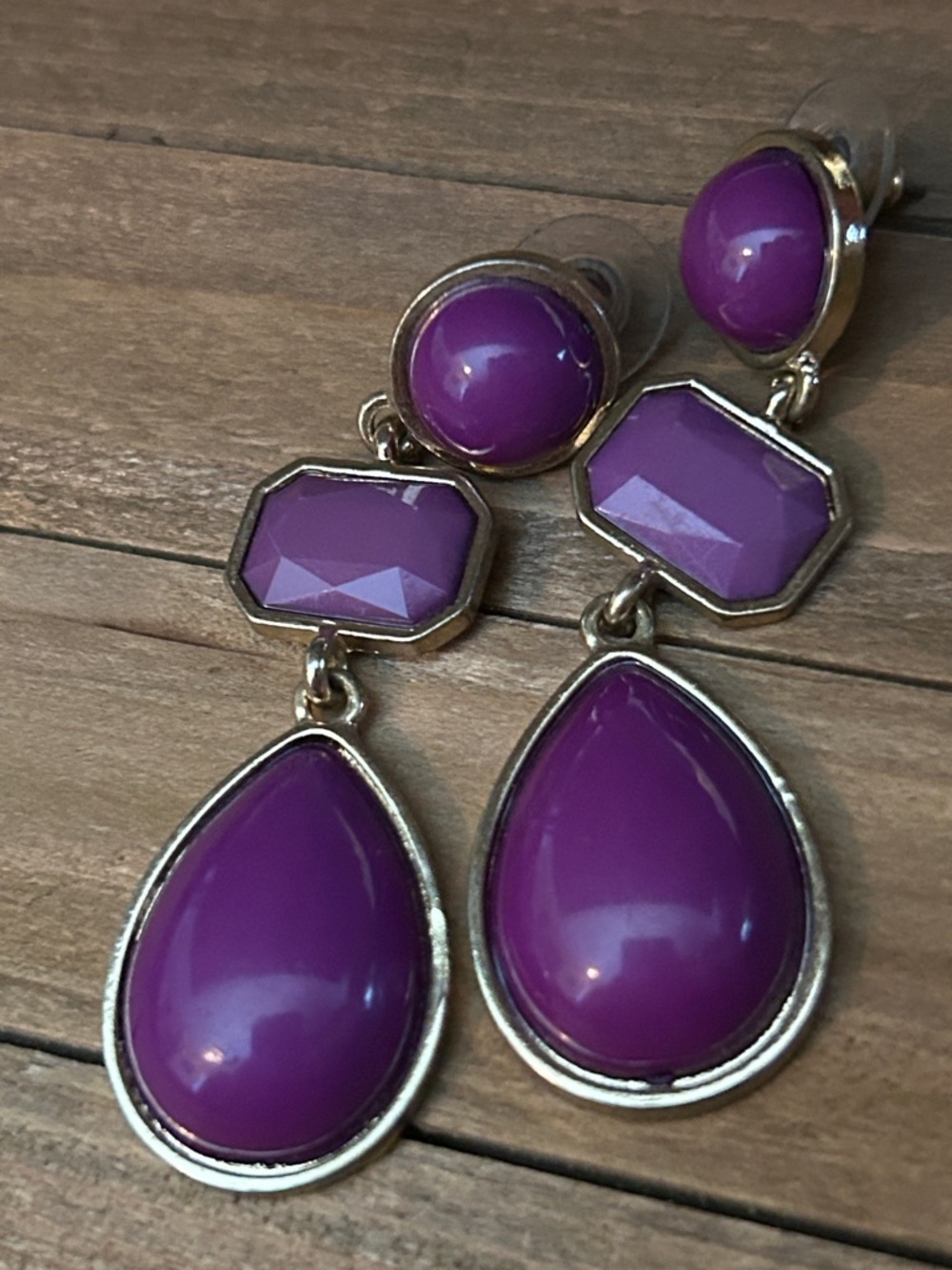 Purple Teardrop Drop Earrings  in Gold-Tone